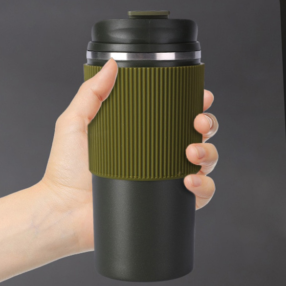 Military Green Coffee Tumbler with Silicon Grip - 500ml Travel Mug